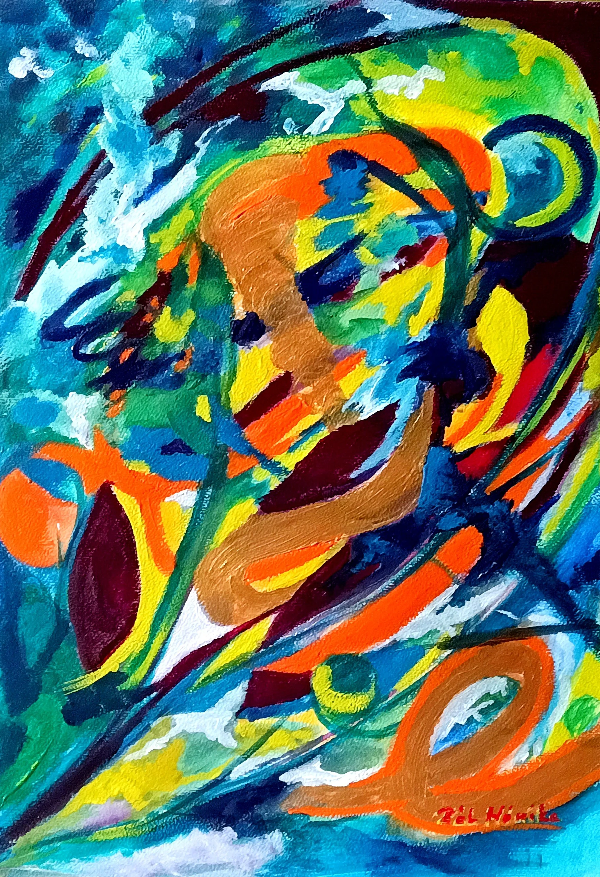 Awakening Frequency abstract watercolor painting by Mónika Katalin Pál with flowing vibrant colors and an emerging form symbolizing inner transformation and conscious awakening.