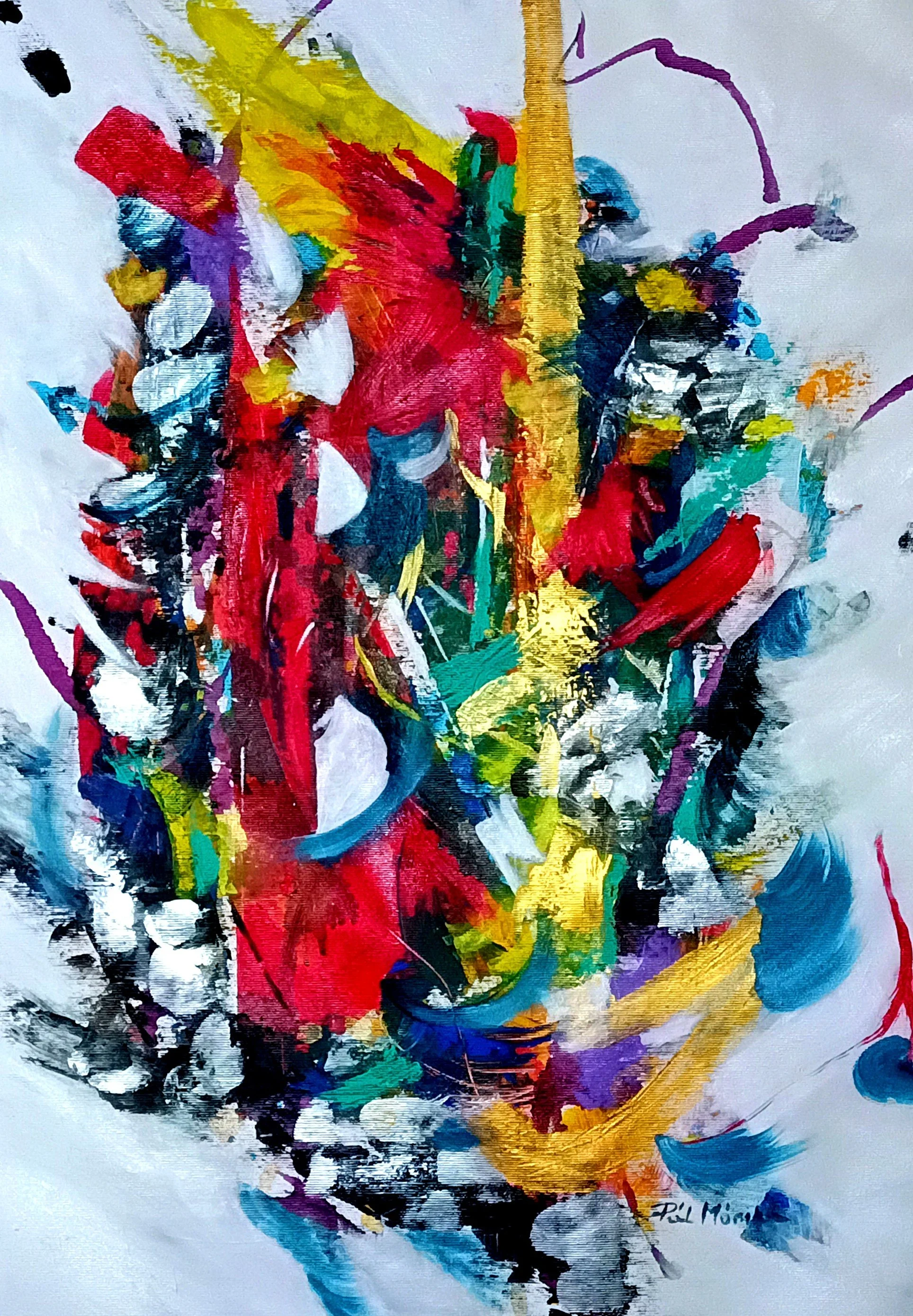 Abstract painting with a white background and a vibrant central burst of layered colors by artist Mónika Katalin Pál