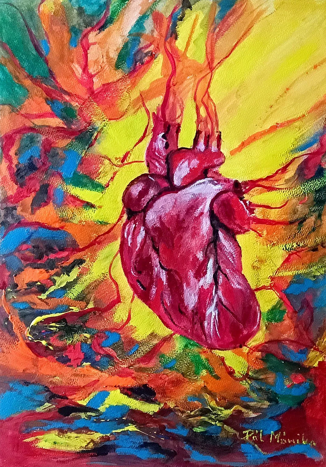 A3 mixed media artwork showing a heart‑centered light and emotional healing, part of the States of Consciousness series by contemporary artist Mónika Katalin Pál.