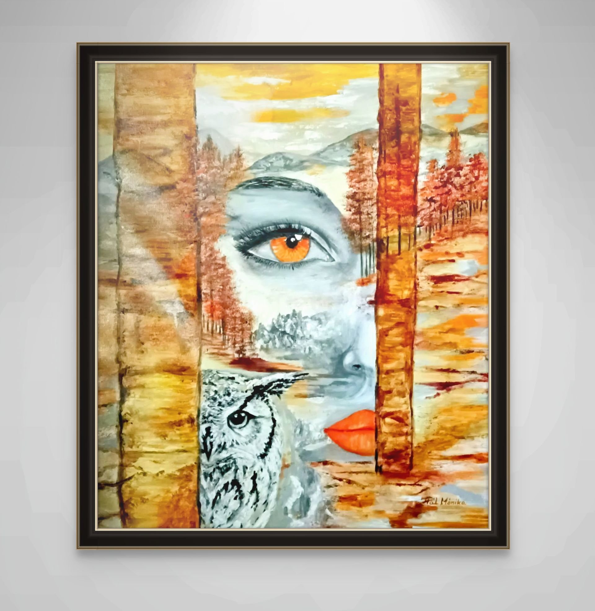 A mystical oil painting where nature’s soul and wisdom watch silently from the depths of abstract terrain.