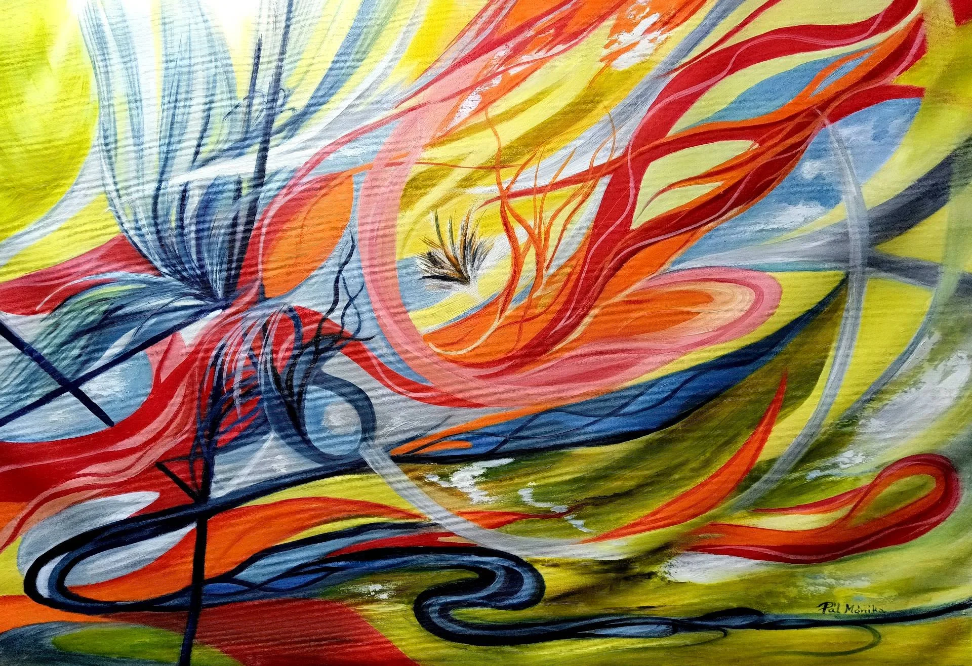 Abstract oil painting with swirling red, orange, blue, and green lines evoking emotional freedom