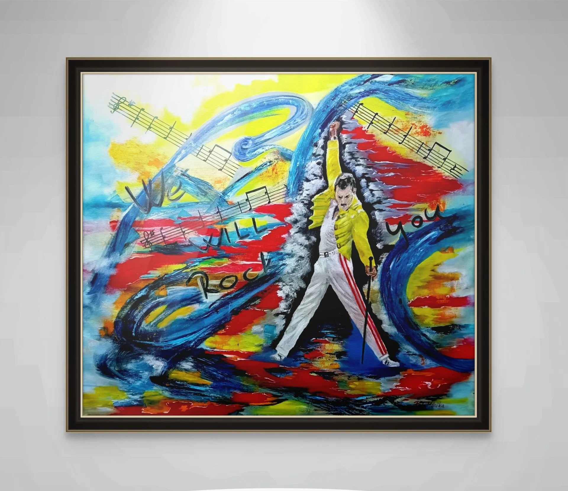 Expressive oil painting of Freddie Mercury in a dynamic pose, surrounded by vibrant abstract colors and musical elements, from the Soundscapes in Paint series.