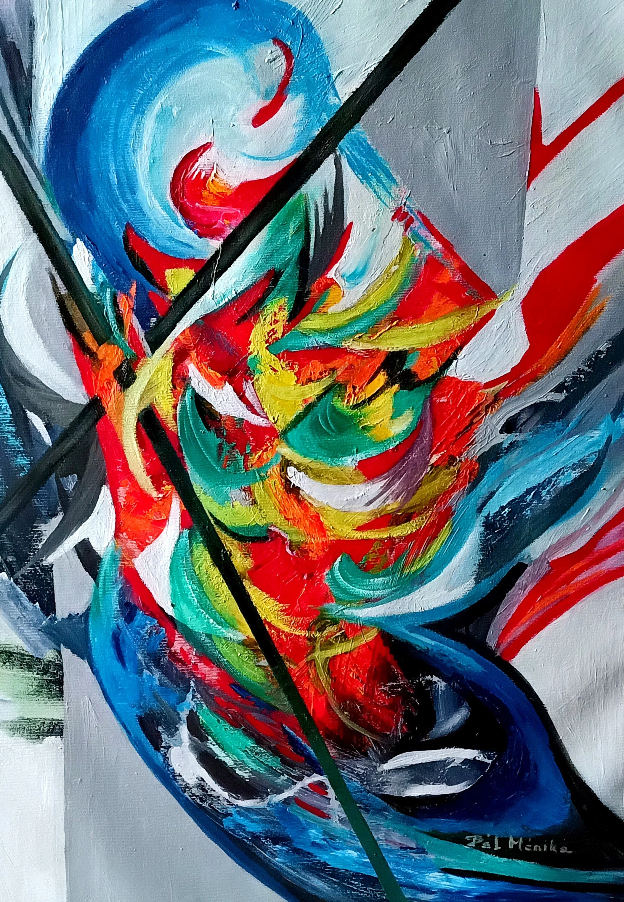 Abstract painting with vibrant swirling colors and diagonal black lines, expressing movement, tension, and layered brushstrokes by artist Mónika Katalin Pál.