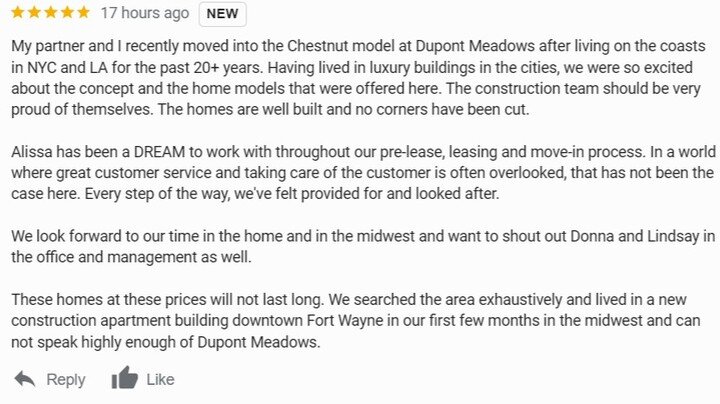 A wonderful 5🌟 review by a very happy neighbor at @dupontmeadows! 

#happyneighbors #nowleasing #rentyourdream #luxuryamenities #fortwayne