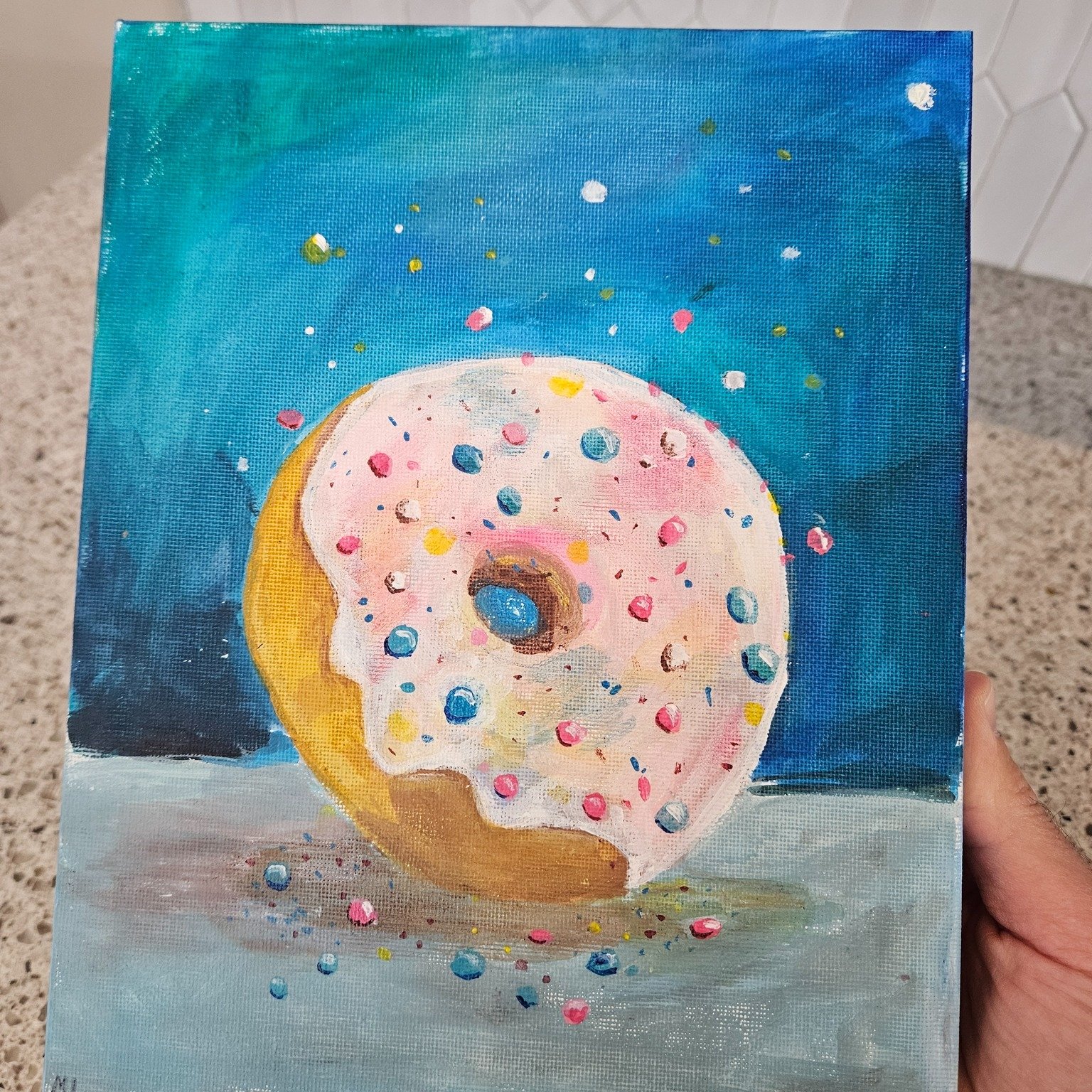 We do donuts and coffee with our neighbors every other week. We had a little girl paint this for us to say thank you for doing what we do! #thisishome #weloveourneighbors #ourheartsourfull❤️