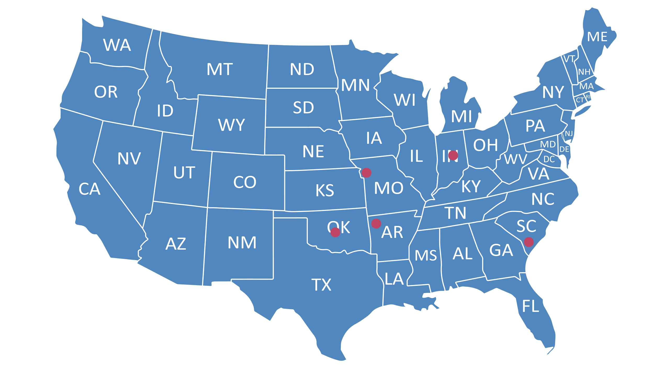 Map of the United States with red dots in key areas
