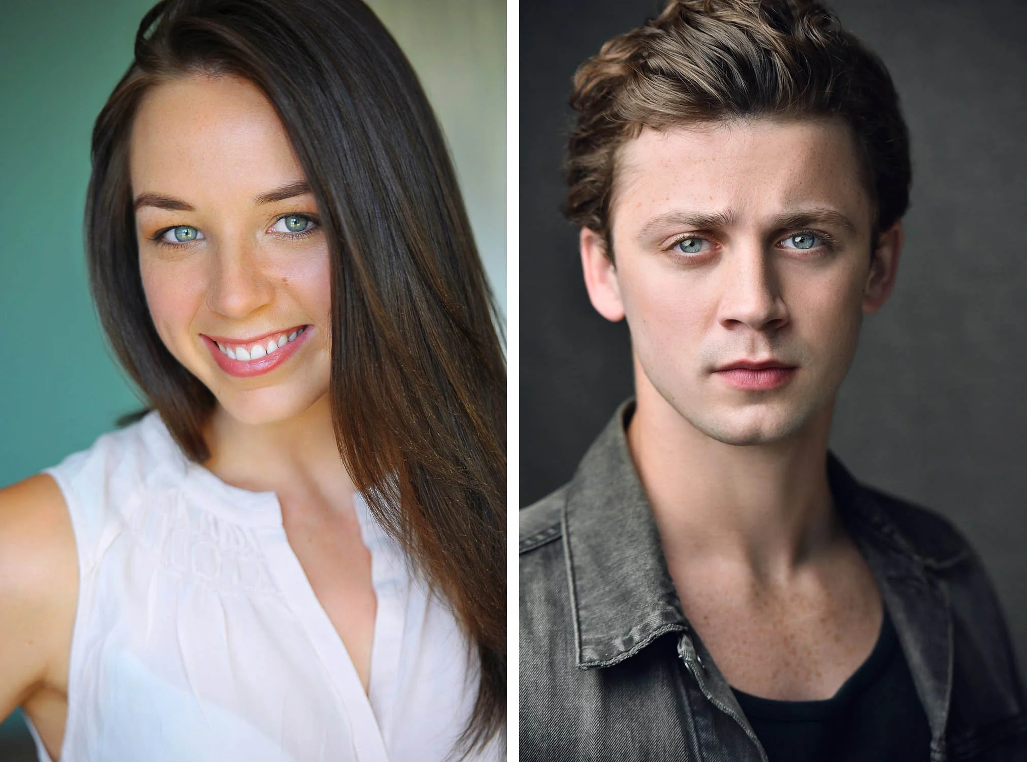 Two actor headshots side by side, a smiling woman with blue-green eyes against a teal background and a man with blue eyes in a gray denim jacket against a dark gray background