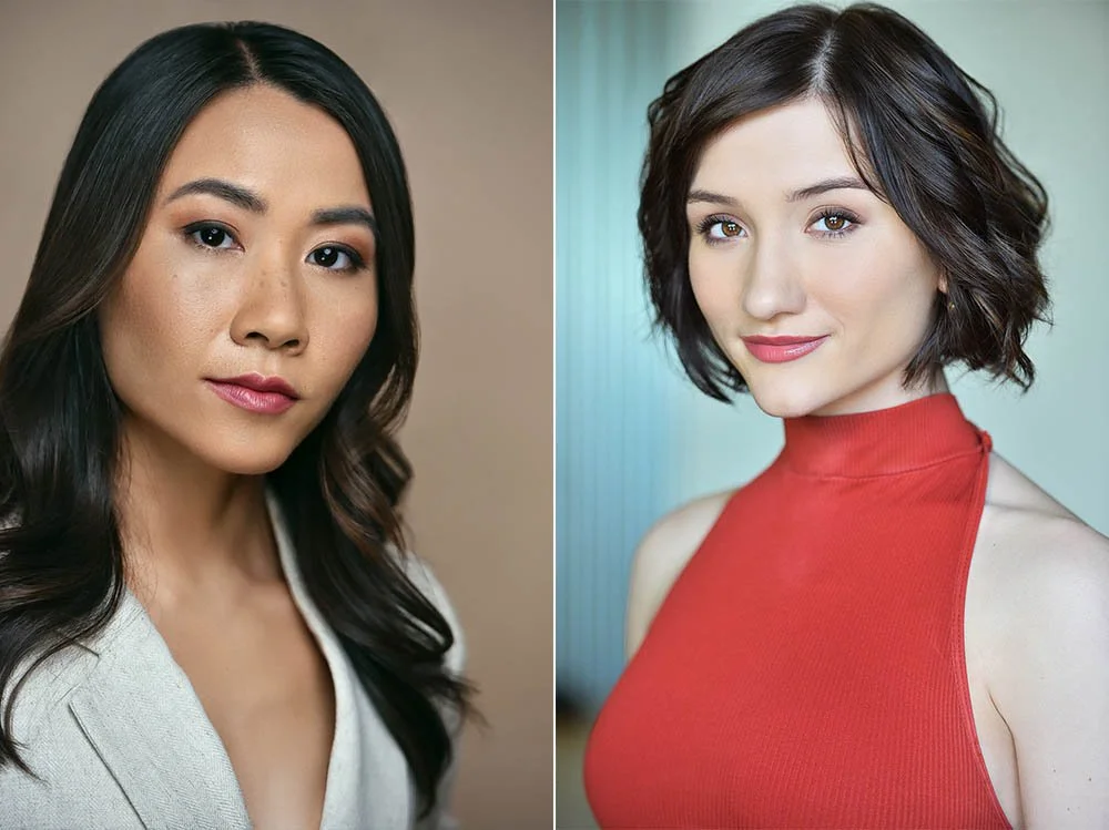 Two actor headshots, one in a beige blazer against a matching beige background, one in a red top against a contrasting light background