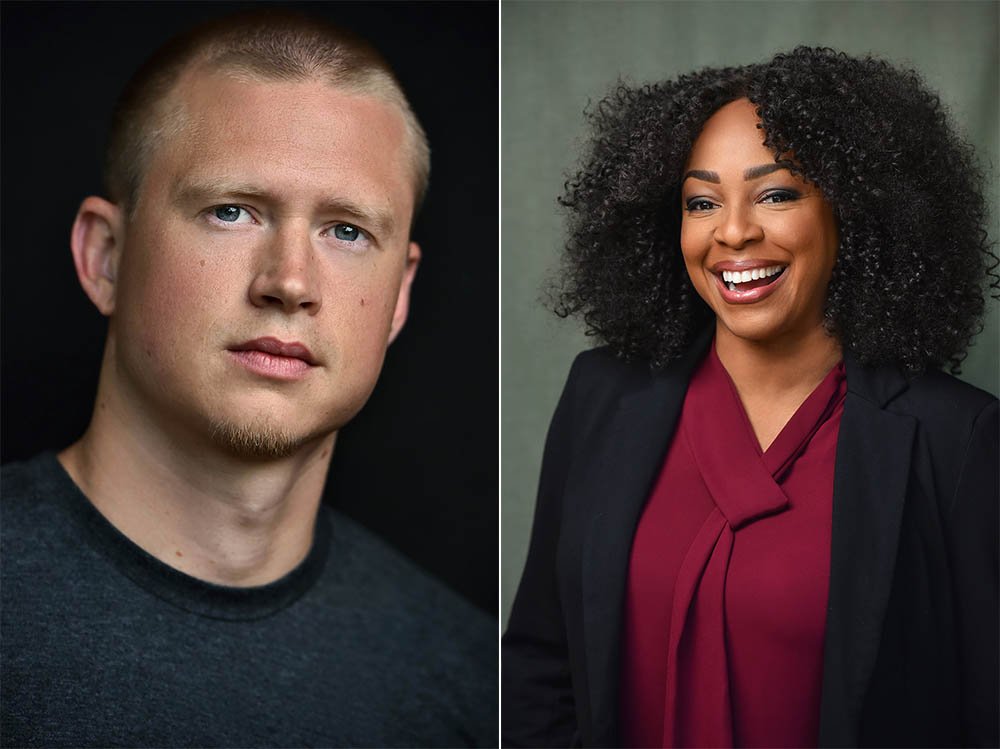 Two actor headshots side by side, one against a dark background with a serious expression, one against a warm background with a bright smile