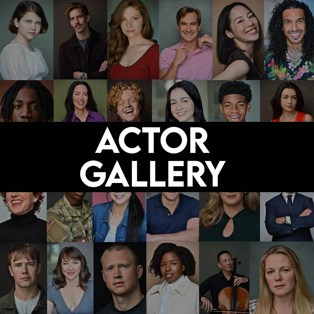 A professional collage featuring 24 diverse headshots (actors, models, talent) of different ages, ethnicities, and genders. This composite image showcases a wide range of looks and types for casting and portfolio use.