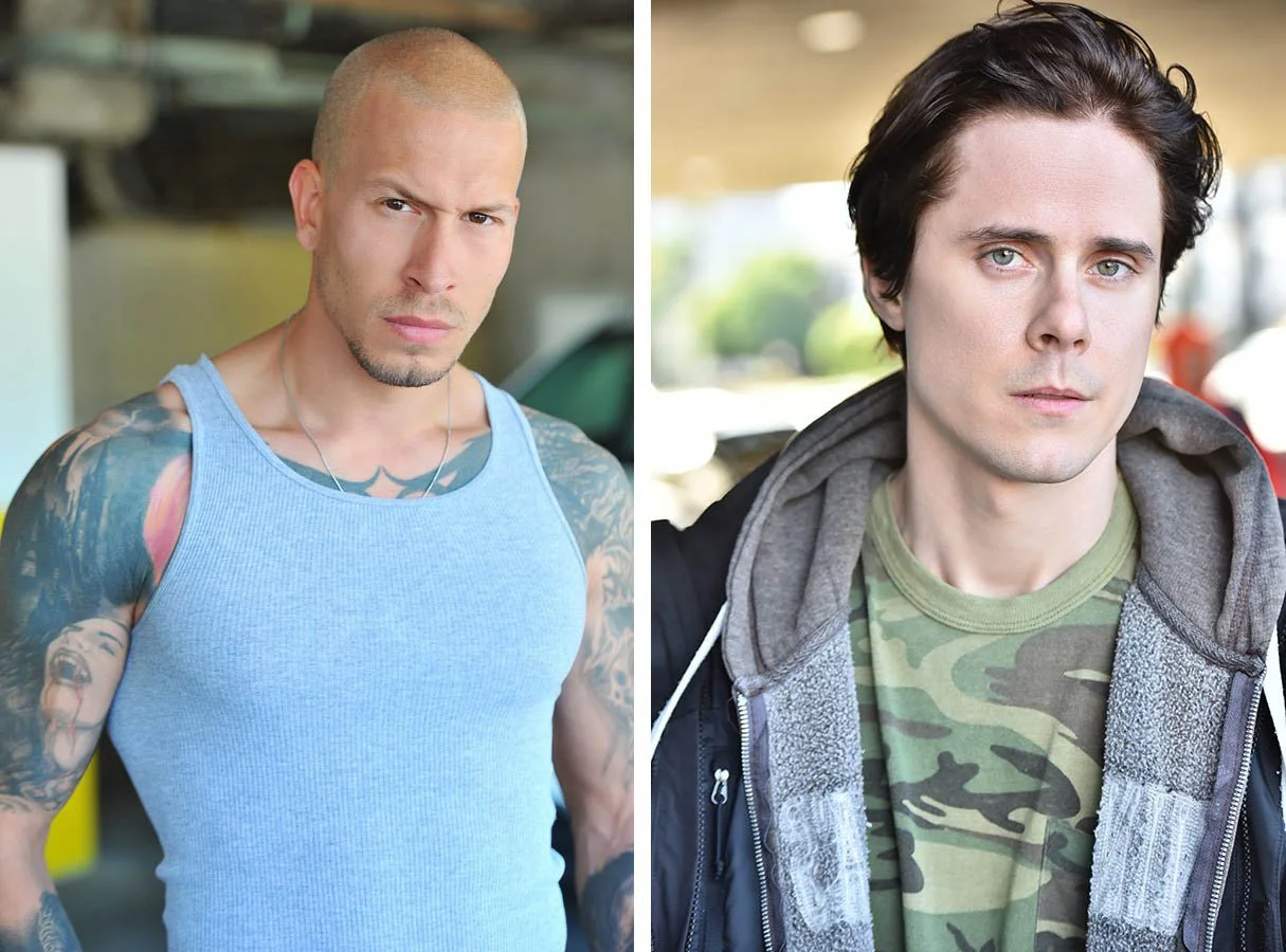 Two actor headshots side by side, a tattooed man in a gray tank top in a concrete space with a car behind him, and a man in a camouflage T-shirt and hooded jacket against a bright, blurred background