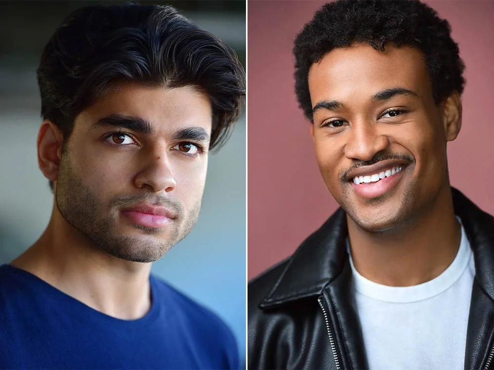 Two actor headshots side by side, one outdoors with a softly blurred architectural background, one against a plain mauve studio background