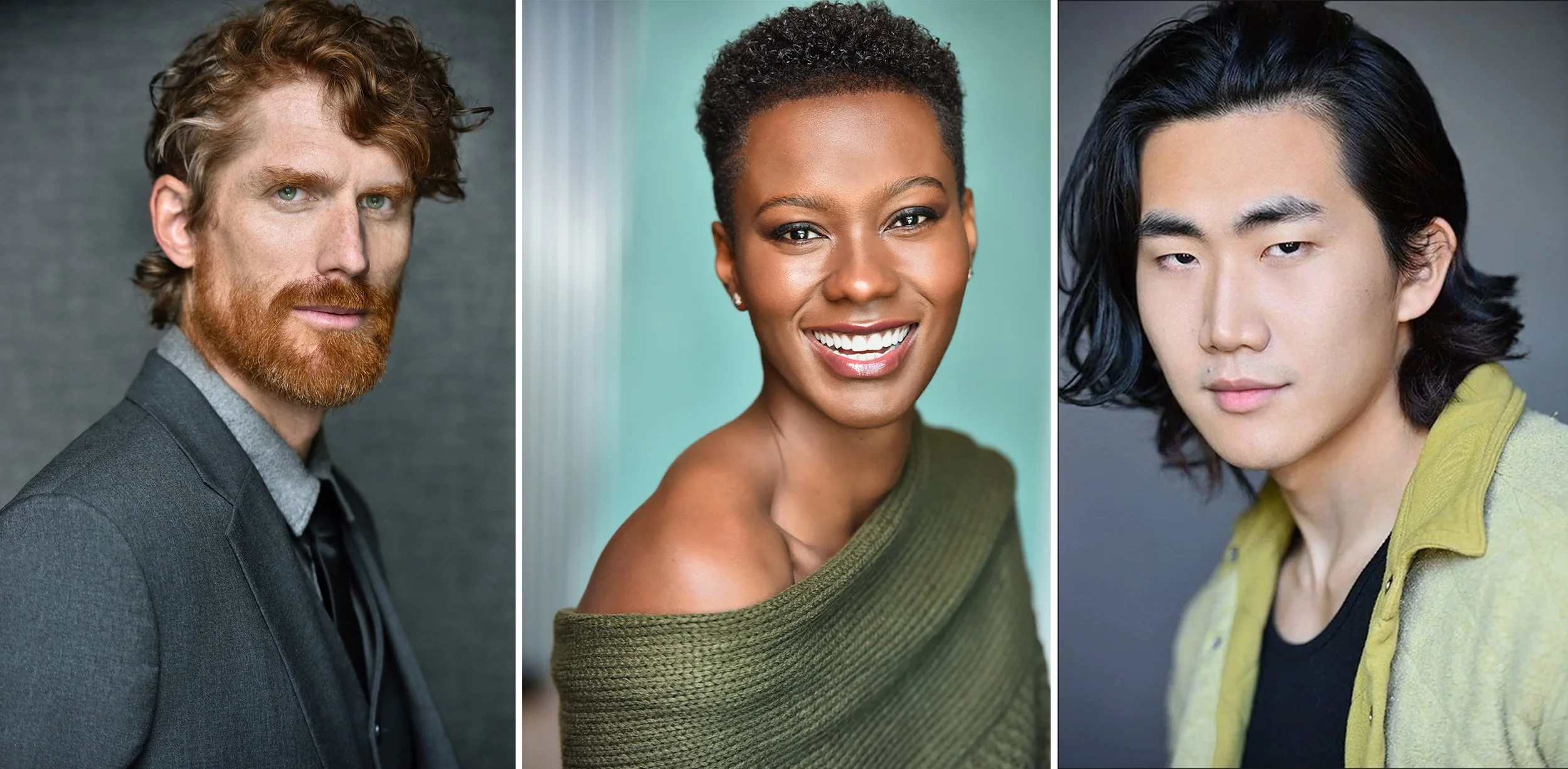 Three professional actor headshots photographed in Los Angeles by Marc Cartwright Headshots, showing natural expression and clean studio lighting for casting-ready portfolios.