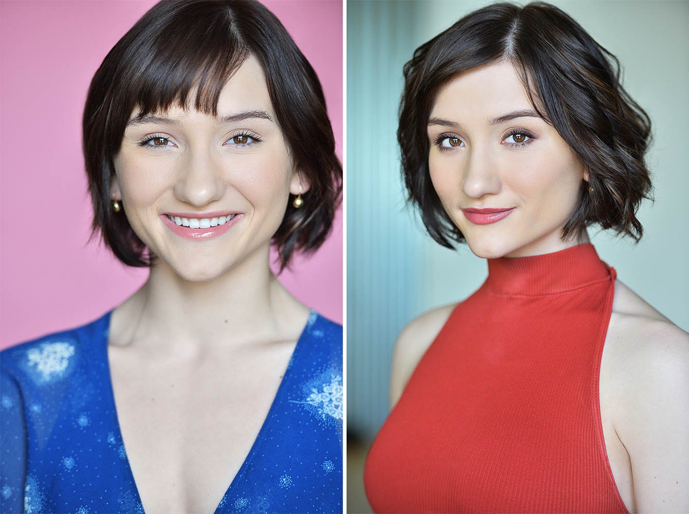 Two headshots of the same woman with a dark bob: smiling broadly in a blue patterned top against pink, and with a closed-mouth smile and slight head tilt in a red halter top against pale blue.
