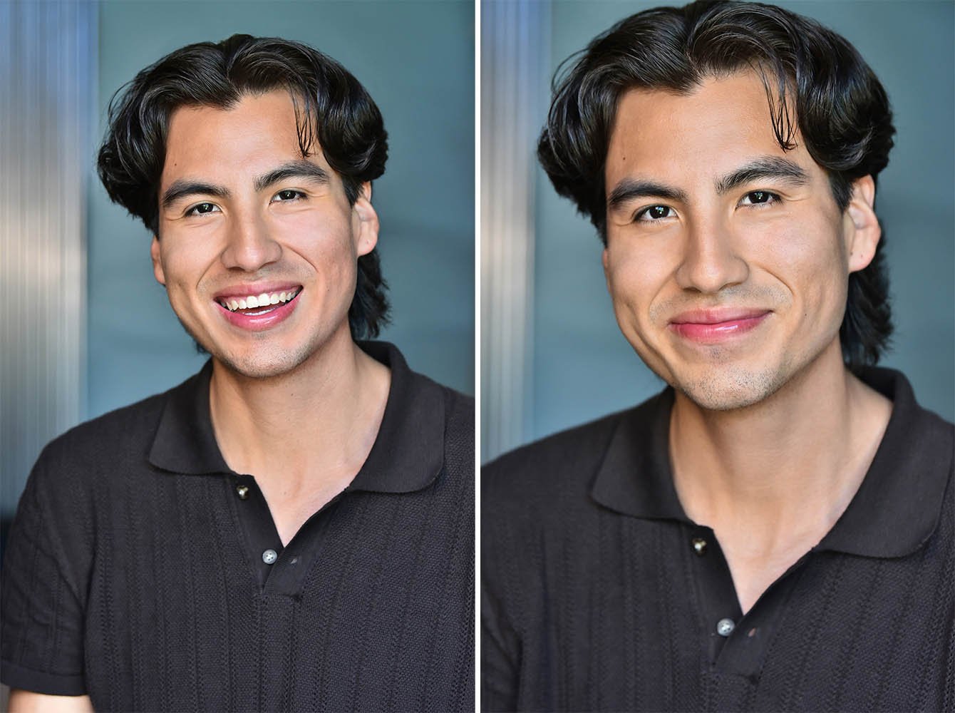 Two headshots of the same man with dark wavy hair in a dark polo shirt against a blue-gray background, smiling widely in the first and with a closed-mouth smile in the second.