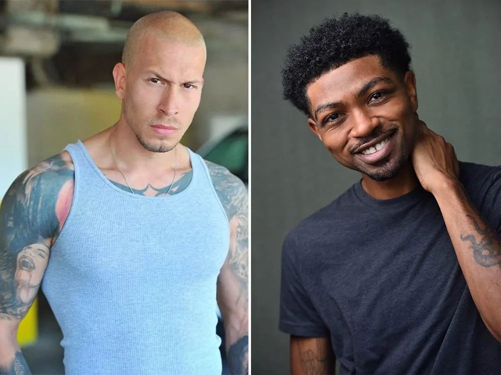 Two actor headshots side by side, one with a brighter urban background and a serious expression, one with a darker solid background and a warm smile