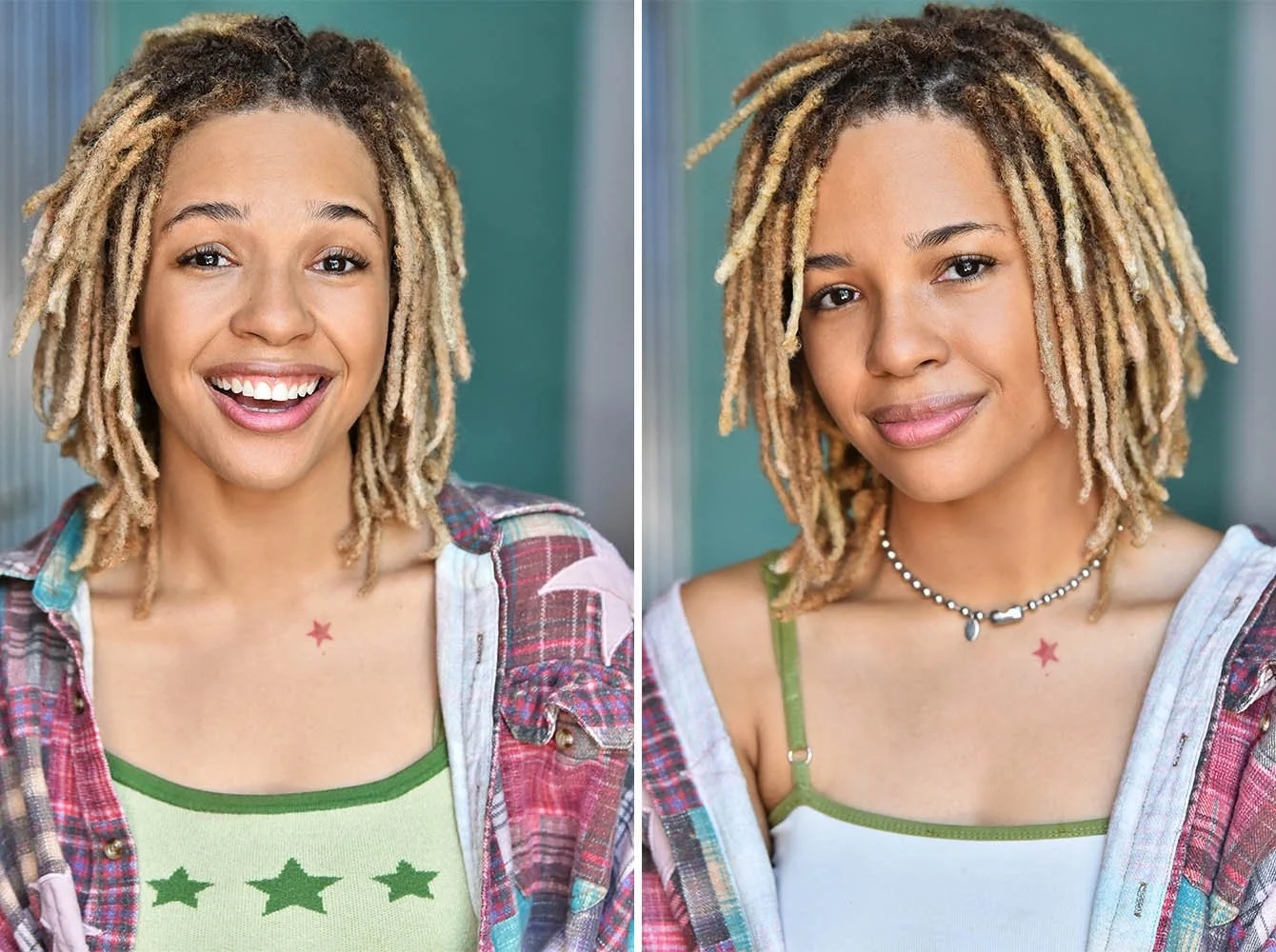 Two headshots of the same woman with blond locs and a plaid overshirt against a teal background, laughing in a green star-print top in the first and with a soft closed-mouth smile in a white top and beaded necklace in the second.