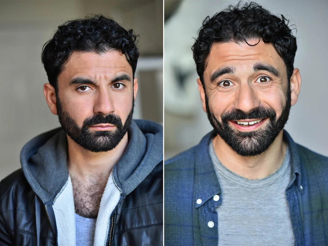 Two actor headshots of the same actor showing a serious, grounded look and a warm, smiling look.