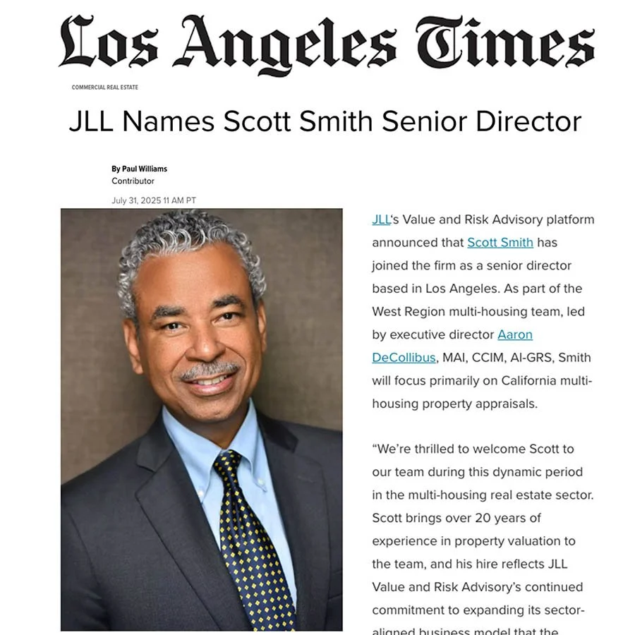 Corporate Photography, Executive Portraits and Business Headshots Los Angeles - Professional headshot of Scott Smith, newly appointed Senior Director at JLL, featured in the Los Angeles Times. The image shows a confident, well-groomed man in a dark s