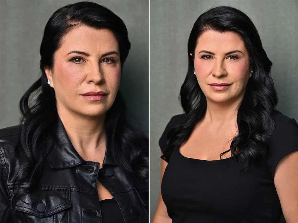 Two theatrical headshots of the same dark-haired actor against a sage backdrop, one in a black leather jacket and one in a black scoop-neck top.