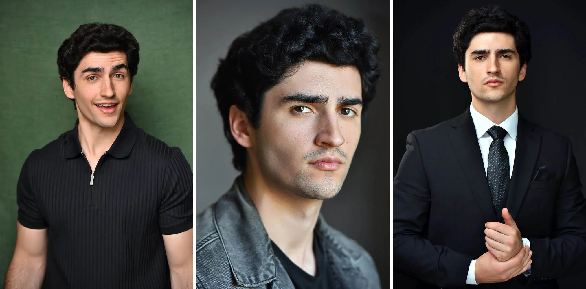Three headshots of the same young man with dark curly hair: smiling in a black polo against green, serious in a gray denim jacket against gray, and in a black suit and tie against black.