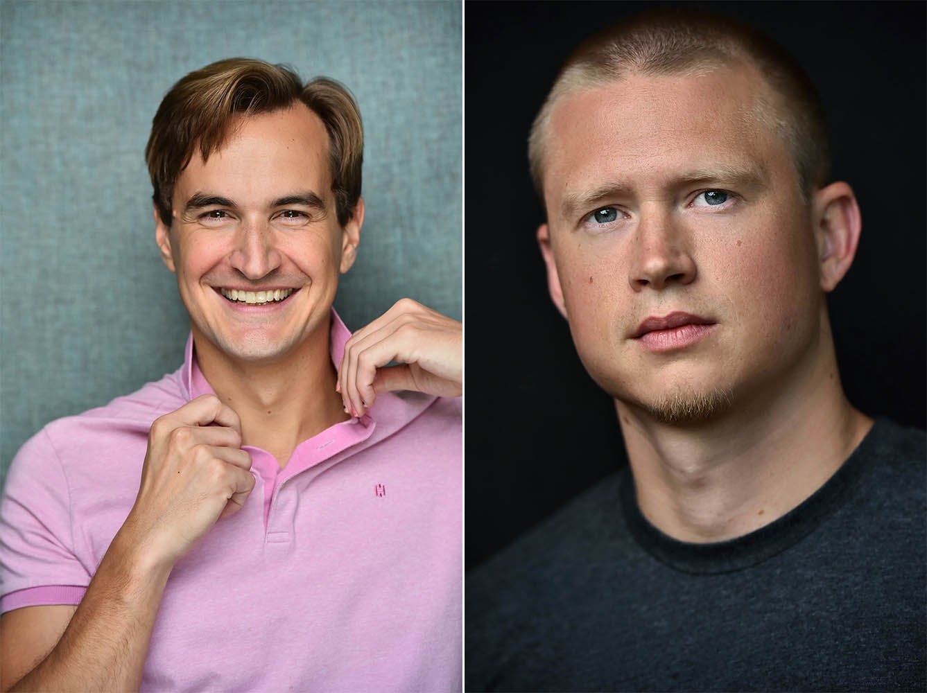 Serious versus smiling actor headshot pose comparison by Los Angeles photographer Marc Cartwright
