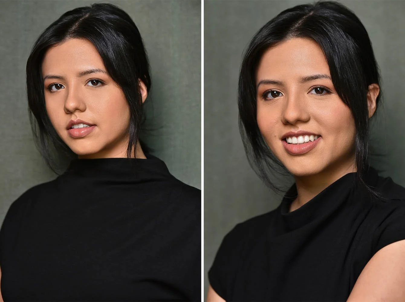 Two headshots of the same woman with dark hair pulled back in a black high-neck top against a green-gray background, not smiling with lips slightly parted in the first, smiling in the second.