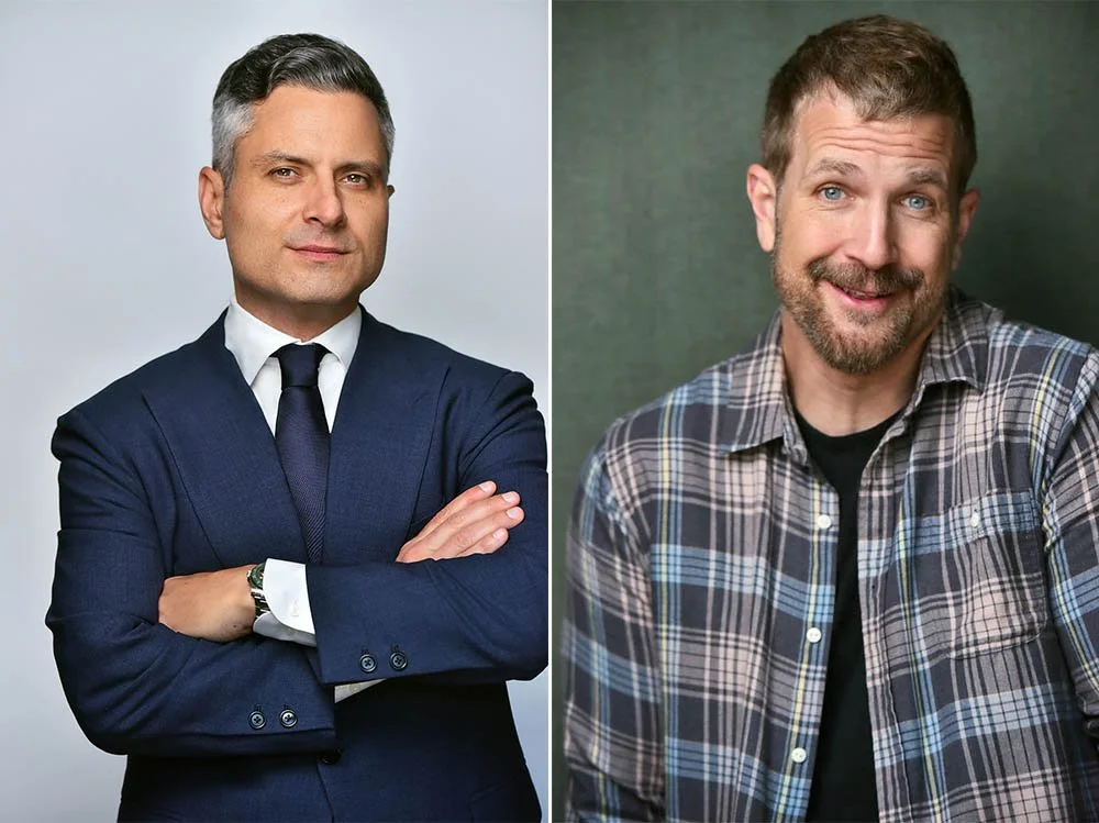 Two actor headshots against solid backgrounds, one in a navy suit, the other in a plaid shirt