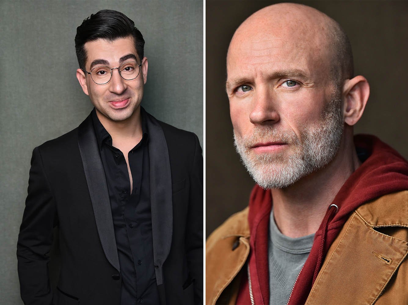 Two actor headshots side by side, one grounded and dramatic, one sharp and sly, showing how casting type reads instantly in a photo.