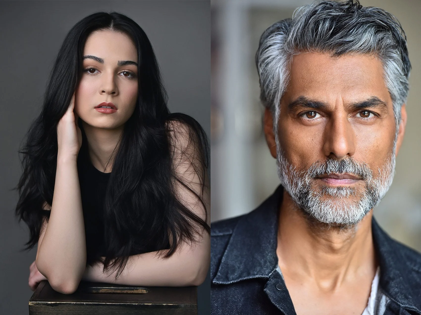 Professional headshots of an actor and a business professional in Los Angeles by Marc Cartwright, showcasing natural expression and clean studio lighting for commercial and corporate use.