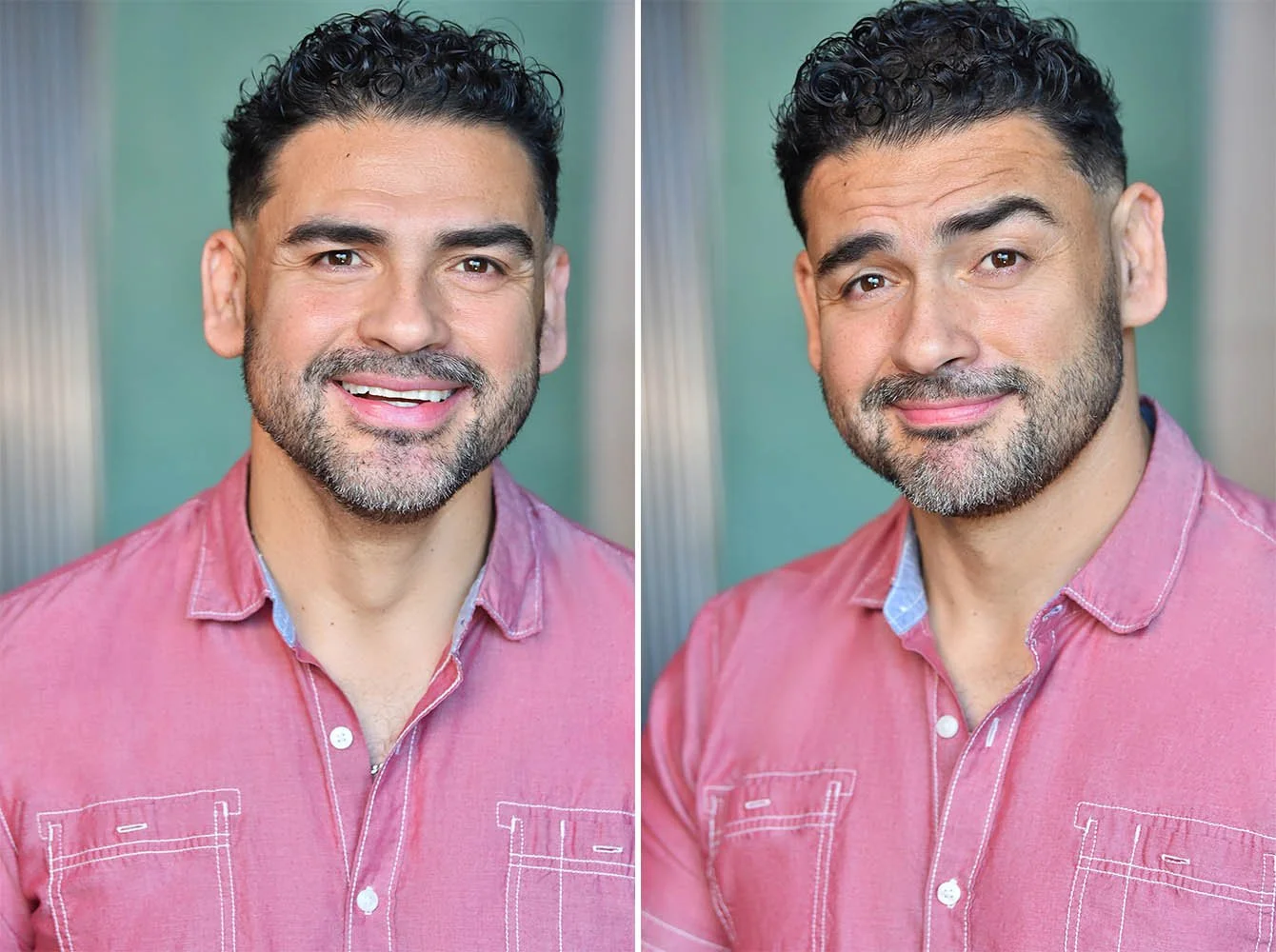 Two headshots of the same bearded man in a pink button-up shirt against a teal background, smiling openly in the first and tilting his head with one eyebrow raised and a closed-mouth smile in the second.