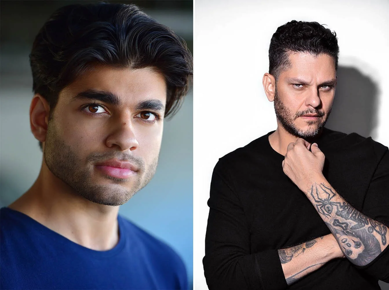 Two actor headshots comparing soft natural light with dramatic, high-contrast studio lighting