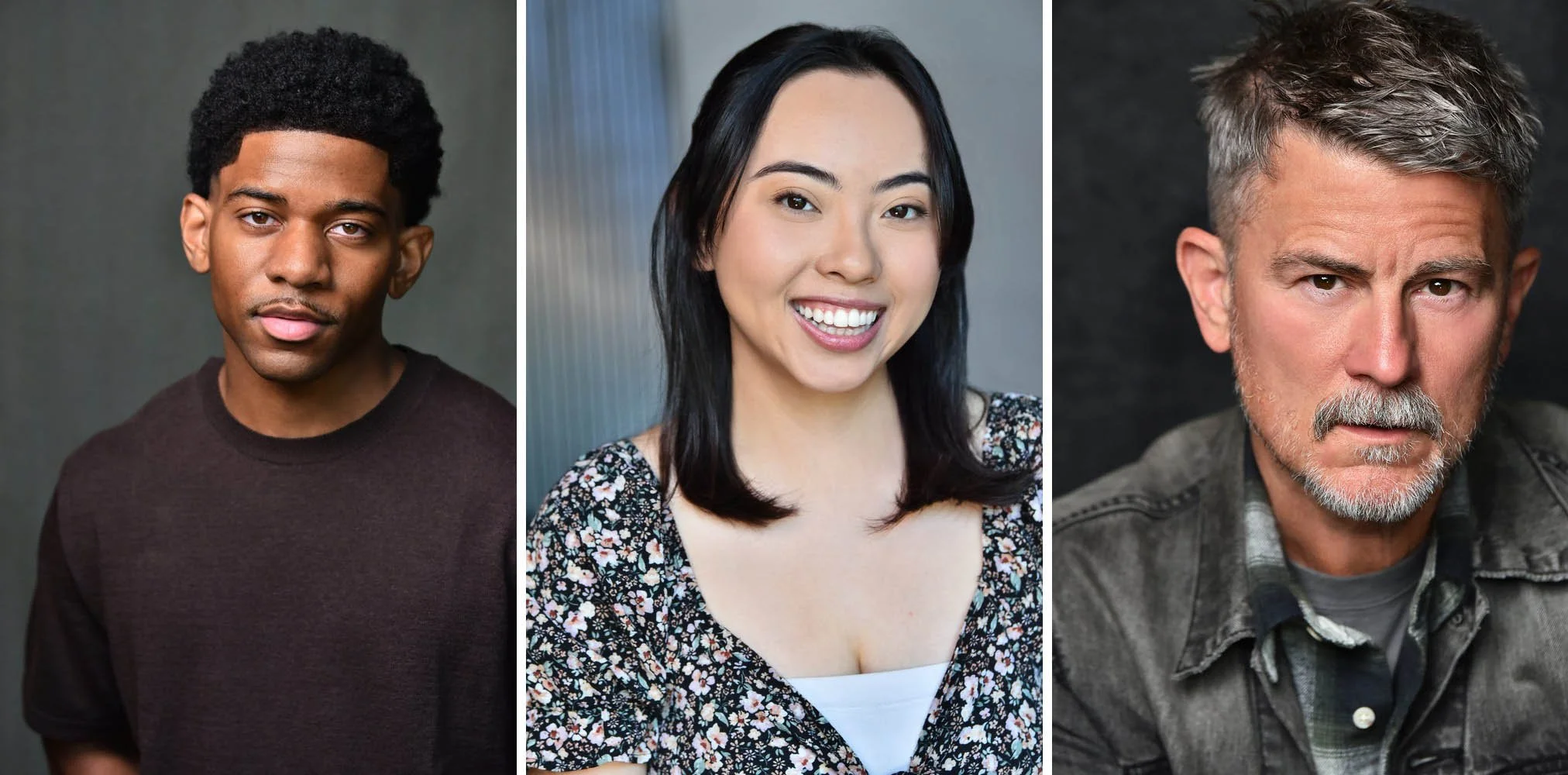 Three headshots of different actors: a young man with short curly hair in a brown T-shirt, a smiling woman with straight black hair in a floral top, and an older man with gray hair and a gray mustache in a gray denim jacket.