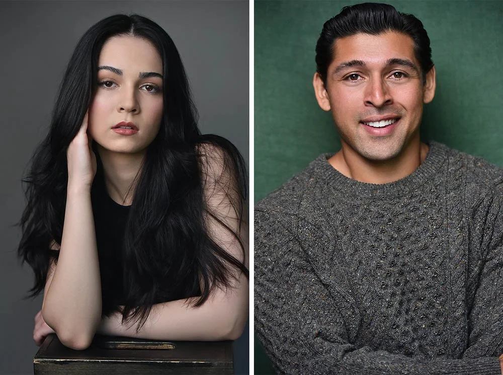 Two actor headshots comparing a contemplative posed portrait with a direct, open expression toward the camera