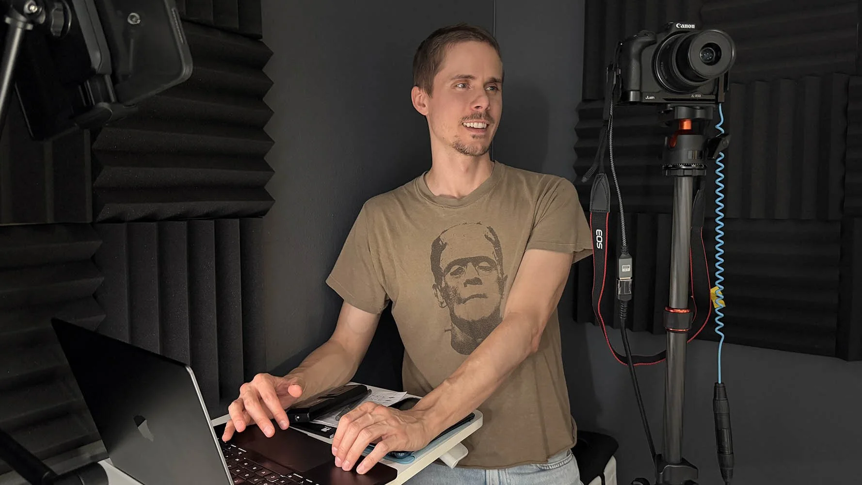 Baker Powell reviewing a self-tape session in the studio at Lucky Rabbit Self Tapes, the self-taping studio he founded in 2024.