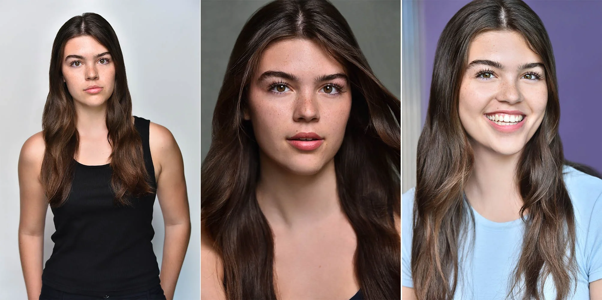 Three photographs of the same young woman side by side: a plain digital in a black tank top against a white background, a serious headshot against a dark green background, and a smiling headshot in a light blue T-shirt against a purple background