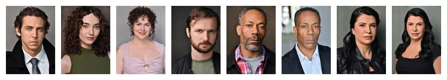 Eight actor headshots displayed side by side at thumbnail size, showing men and women with serious, neutral, and gently smiling expressions against different backgrounds.
