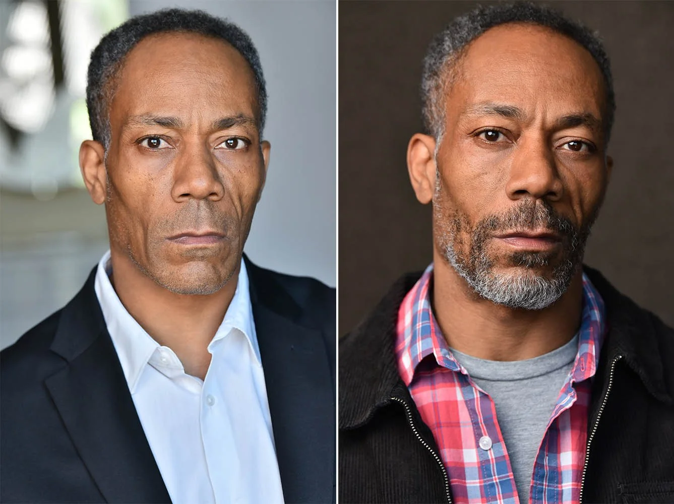 Two theatrical headshots of the same actor side by side, one in a dark blazer and white shirt against gray, the other in a plaid shirt and dark jacket against dark brown.