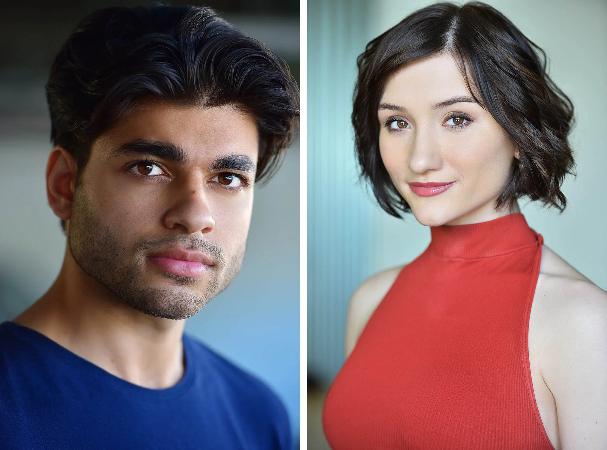 Two actor headshots side by side, a man in a navy T-shirt against a softly blurred background and a woman in a red halter top against a pale blue background