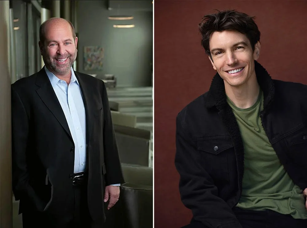 Two actor headshots comparing an environmental office background with a simple warm studio background