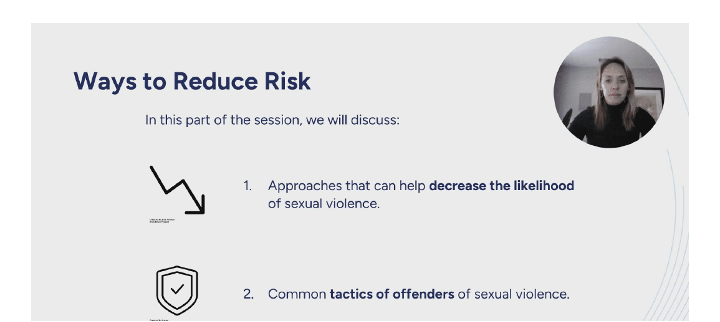 "Ways to Reduce Risk" lesson slide showing consistent Camtasia video integration across the course — facilitator appears as circular inset alongside structured content. Icon-based visual design supports comprehension of abstract risk concepts.