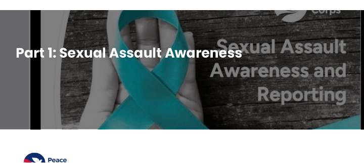 Rise 360 course cover — Sexual Assault Awareness and Reporting, Peace Corps Office of Safety & Security, February 2025. A multi-part compliance course designed for 3,500+ staff across 61 countries.