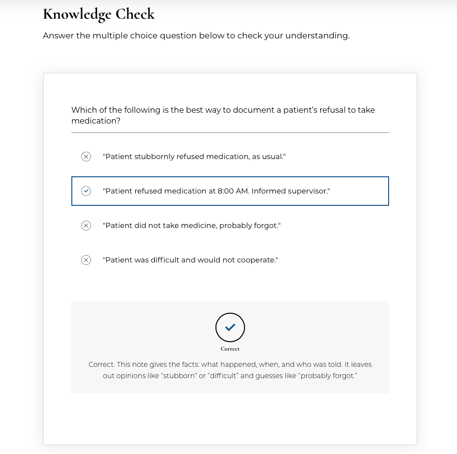 Scenario-based knowledge check with feedback that explains why the factual note is the right choice.