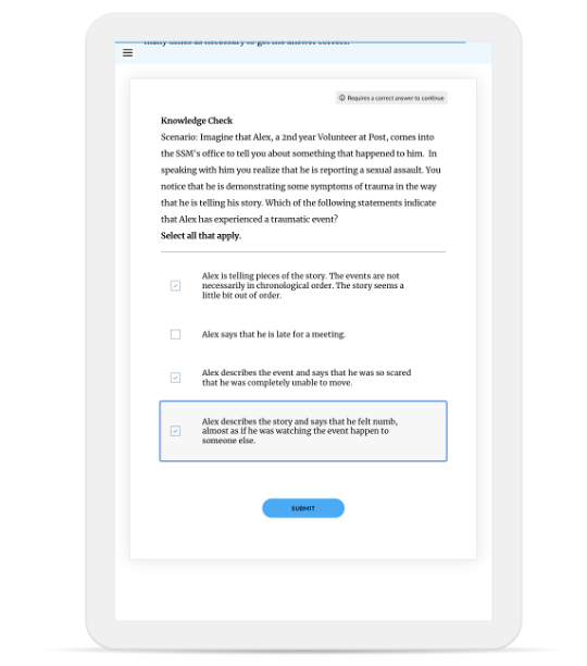 Scenario-based knowledge check — learners identify trauma response indicators in a realistic reporting context. "Select all that apply" format with required correct answer to continue. Designed to build applied judgment in a high-stakes reporting sce