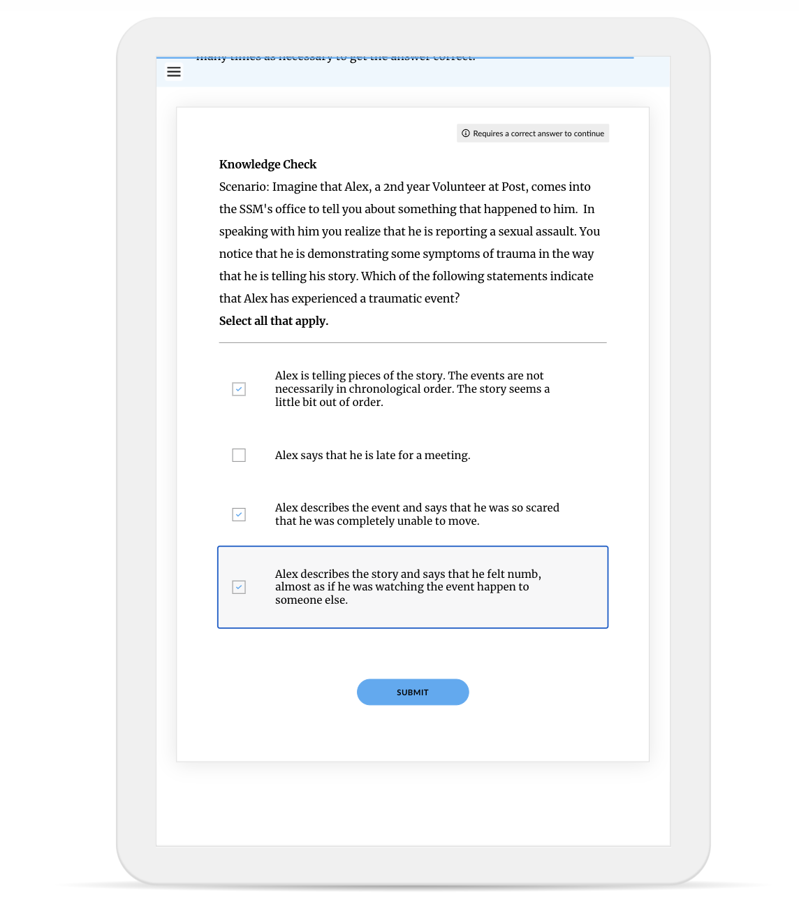 Interactive knowledge check questions throughout the course.
