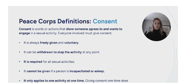 Course slide with facilitator video thumbnail (recorded and edited in Camtasia) — integrated into Rise 360 as a circular inset. Color-coded bold text reinforces key definitions. This design pattern was applied consistently across all six course secti