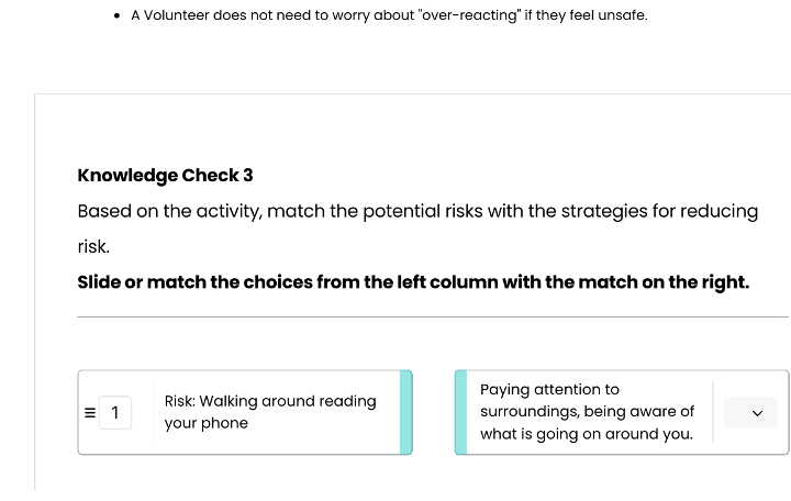 Drag-and-match knowledge check — learners match real-world risk scenarios to corresponding prevention strategies. Applied interaction requiring transfer of learning, not just recall. One of three distinct interaction types used across the course.