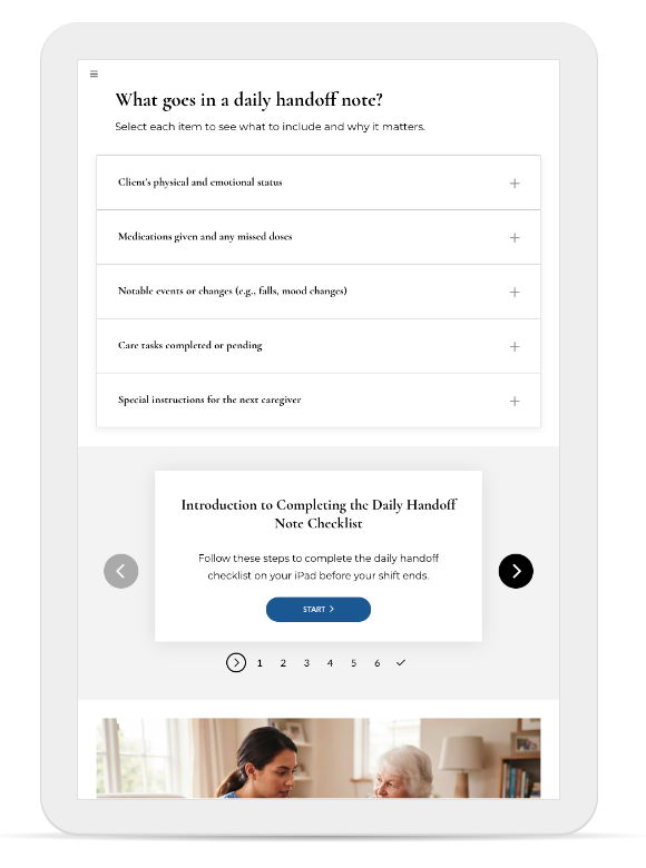 An accordion breaks down what goes in a handoff note, followed by a step-by-step walkthrough of completing the checklist on an iPad.