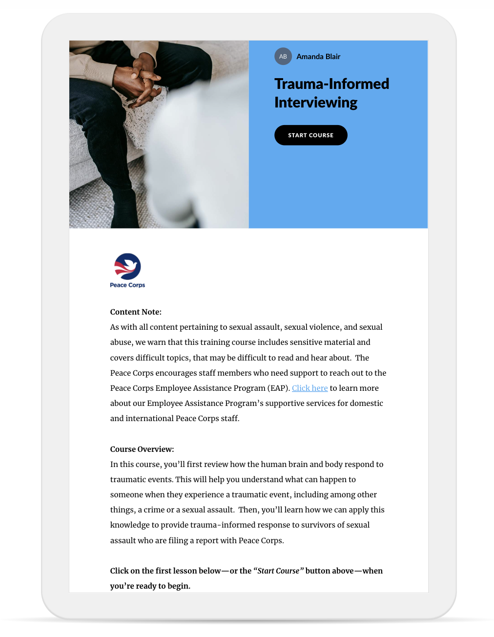 Rise 360 course cover — Trauma Informed Interviewing, Peace Corps Office of Safety & Security.. A multi-part compliance course designed for 3,500+ staff across 61 countries.