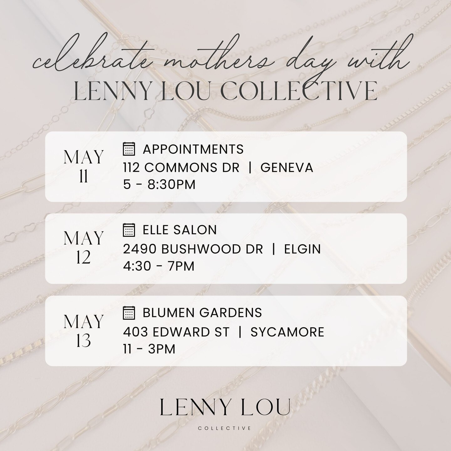 Make Mom's Day! Join us for a weekend of love, laughter, and links ⁠
⁠
🗓️ 5/11⁠
Appointments⁠
Visit www.lennylou.com/appointments to book yours!⁠
5 - 8:30PM ⁠
⁠
🗓️ 5/12⁠
Elle Salon⁠
Elgin⁠
4:30 - 7PM⁠
** this event has sold out! **⁠
⁠
🗓️ 5/13⁠
Blu